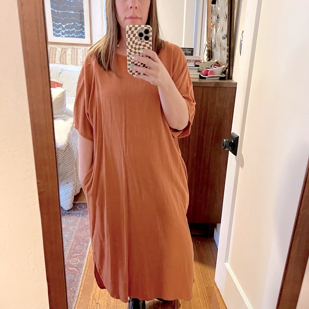 Burnt orange linen shirt dress